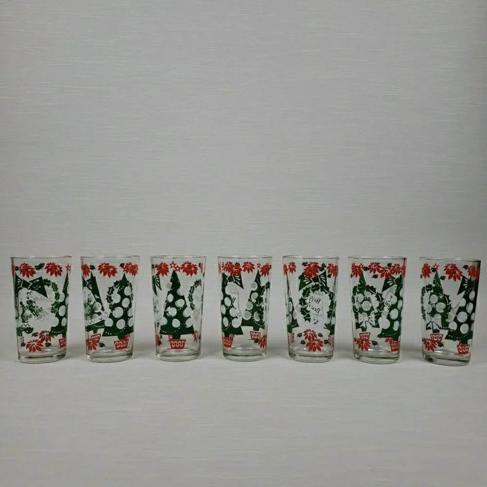 Vintage 7 Merry Christmas Happy New Year Cups Tumblers Continental Glass MCM